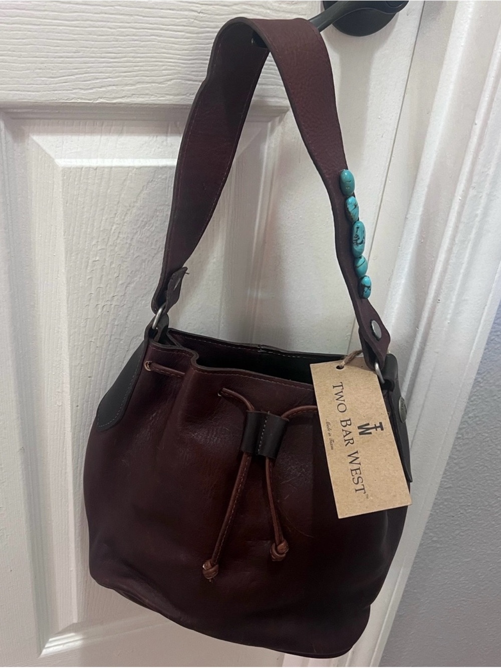 Two Bar West Brown Leather Shoulder Bag with Turquoise Studded Strap NWT